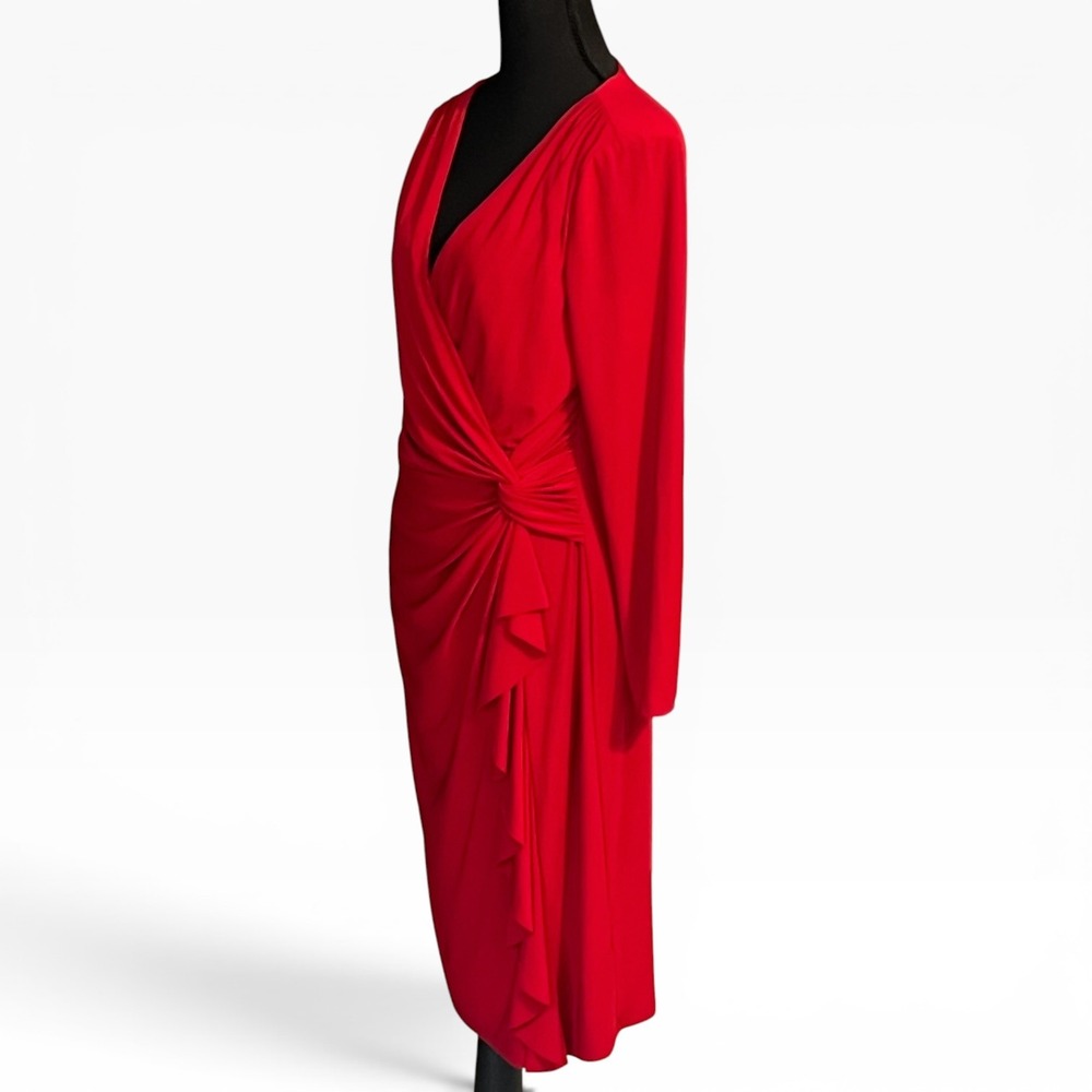 Lauren Ralph Lauren Red Ruched Ruffle Sheath Dress Long Sleeve Size 10 Stretch - Picture 8 of 11
